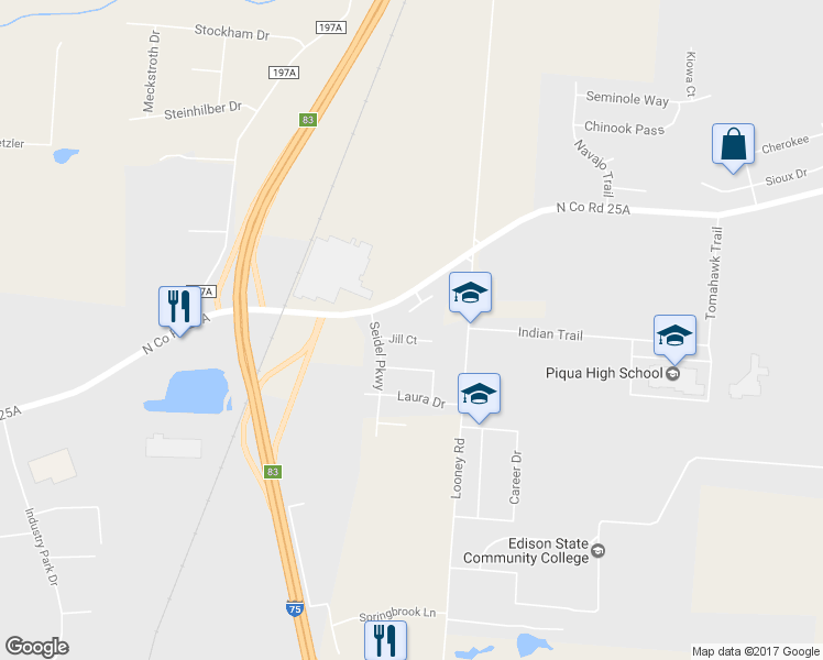 map of restaurants, bars, coffee shops, grocery stores, and more near 1024 Jill Court in Piqua