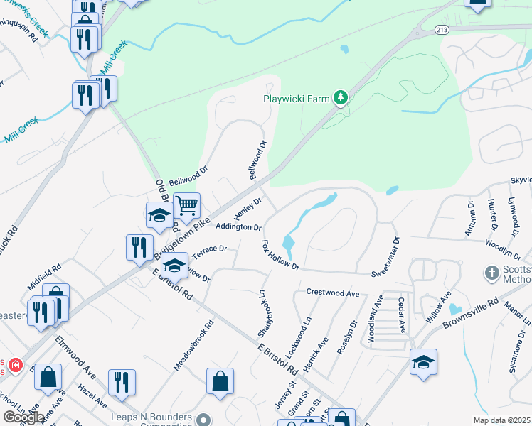 map of restaurants, bars, coffee shops, grocery stores, and more near 439 Fox Hollow Drive in Langhorne