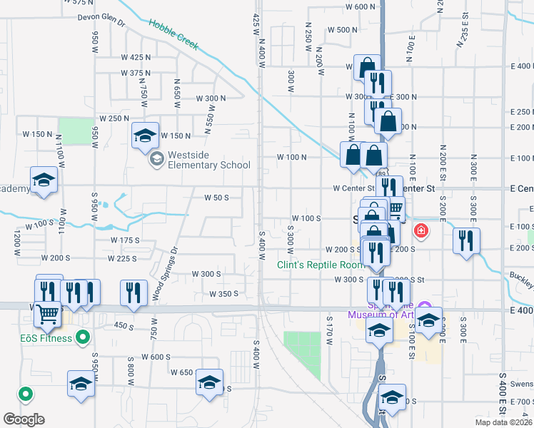 map of restaurants, bars, coffee shops, grocery stores, and more near 388 West 100 South in Springville