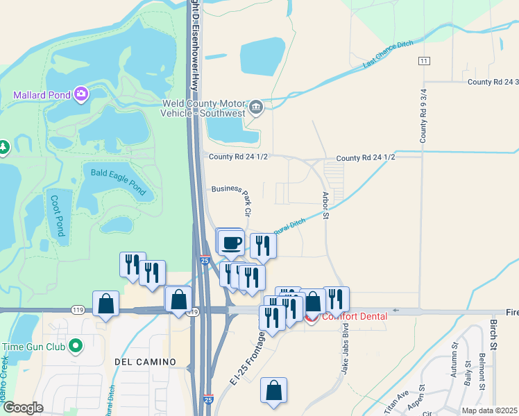 map of restaurants, bars, coffee shops, grocery stores, and more near 11334 Business Park Circle in Firestone