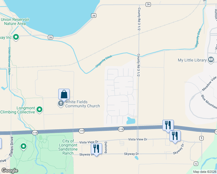 map of restaurants, bars, coffee shops, grocery stores, and more near 3272 North Rim in Longmont