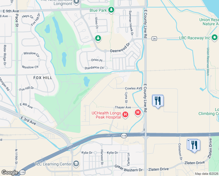 map of restaurants, bars, coffee shops, grocery stores, and more near 405 Overbrook Lane in Longmont