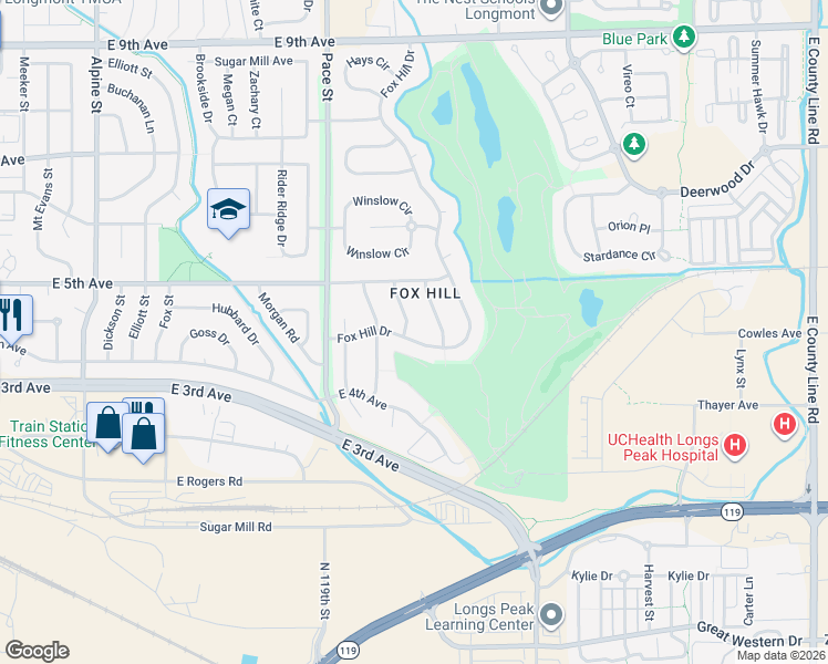 map of restaurants, bars, coffee shops, grocery stores, and more near 440 Golden Lane in Longmont