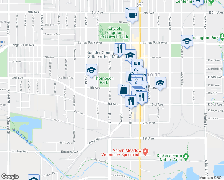 map of restaurants, bars, coffee shops, grocery stores, and more near 831 4th Avenue in Longmont