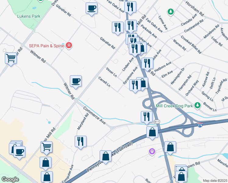 map of restaurants, bars, coffee shops, grocery stores, and more near 2604 Carrell Lane in Willow Grove
