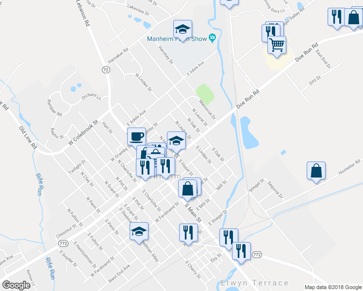 map of restaurants, bars, coffee shops, grocery stores, and more near 108 East High Street in Manheim