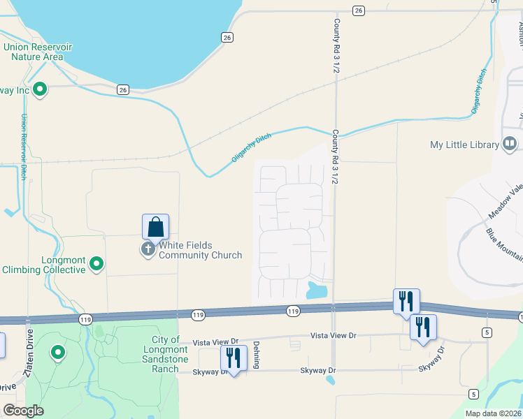 map of restaurants, bars, coffee shops, grocery stores, and more near 3272 North Rim in Longmont