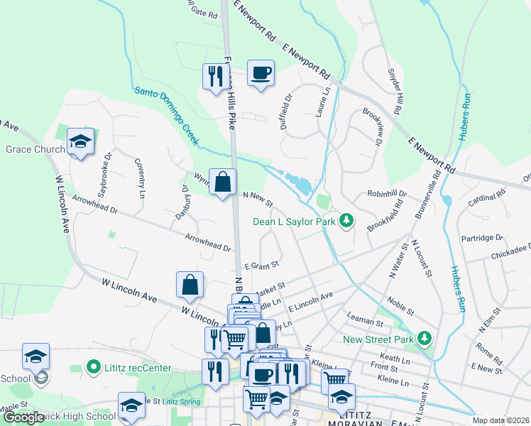 map of restaurants, bars, coffee shops, grocery stores, and more near 23 Silver Creek Road in Lititz