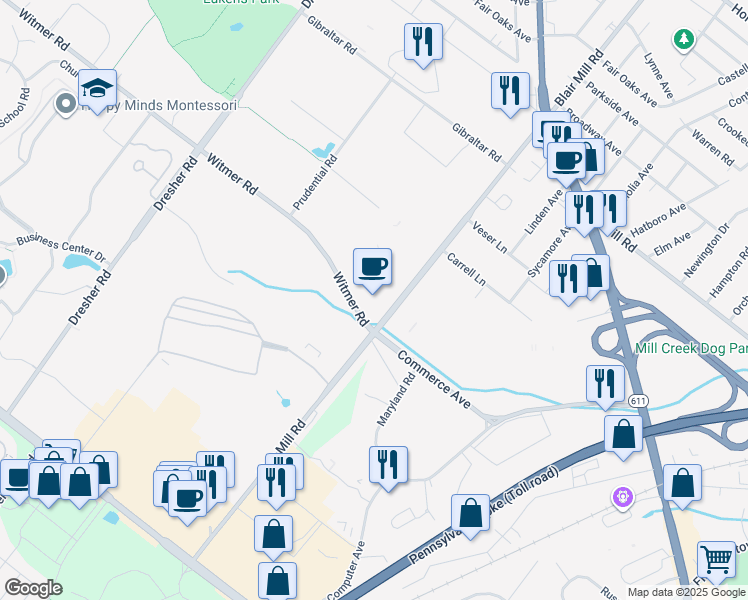 map of restaurants, bars, coffee shops, grocery stores, and more near 100 Witmer Road in Horsham