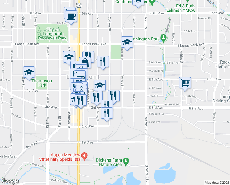 map of restaurants, bars, coffee shops, grocery stores, and more near 101 4th Avenue in Longmont