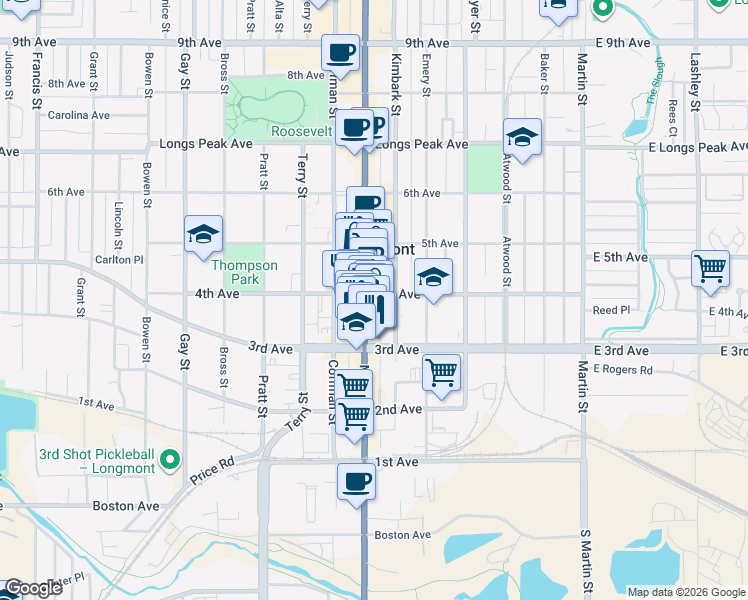 map of restaurants, bars, coffee shops, grocery stores, and more near 525 4th Avenue in Longmont
