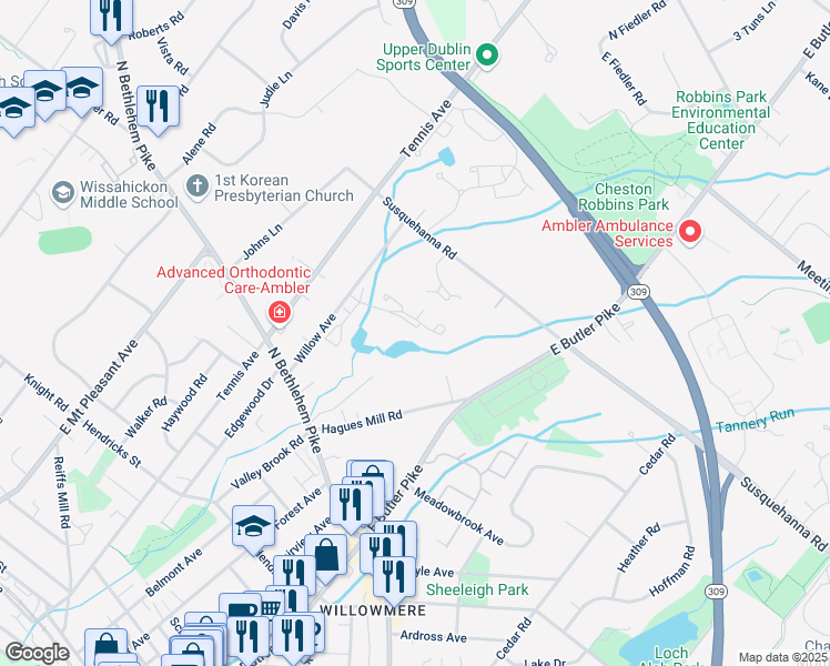 map of restaurants, bars, coffee shops, grocery stores, and more near 1703 Clair Martin Place in Ambler