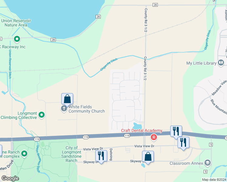 map of restaurants, bars, coffee shops, grocery stores, and more near 3272 North Rim in Longmont
