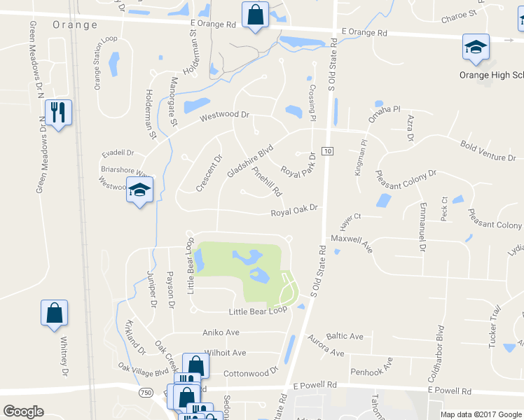map of restaurants, bars, coffee shops, grocery stores, and more near 1751 Royal Oak Drive in Lewis Center