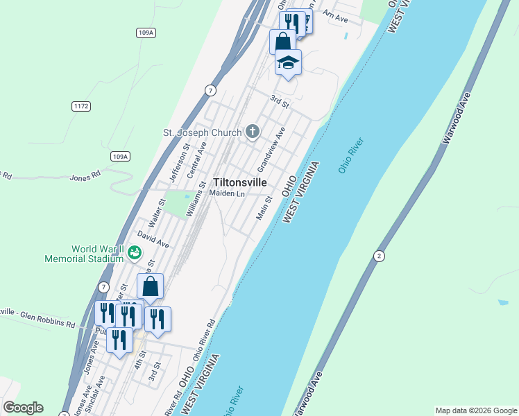 map of restaurants, bars, coffee shops, grocery stores, and more near 314 Main Street in Tiltonsville