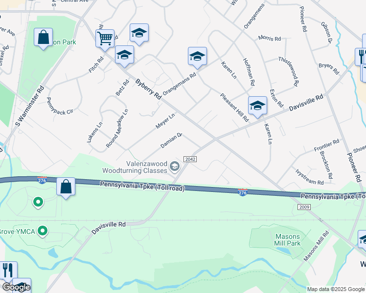 map of restaurants, bars, coffee shops, grocery stores, and more near 3844 Davisville Road in Hatboro