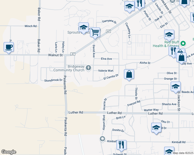 map of restaurants, bars, coffee shops, grocery stores, and more near 1660 El Cerrito Drive in Red Bluff