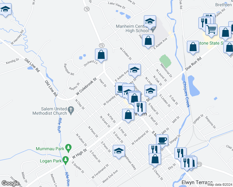 map of restaurants, bars, coffee shops, grocery stores, and more near 14 West Gramby Street in Manheim