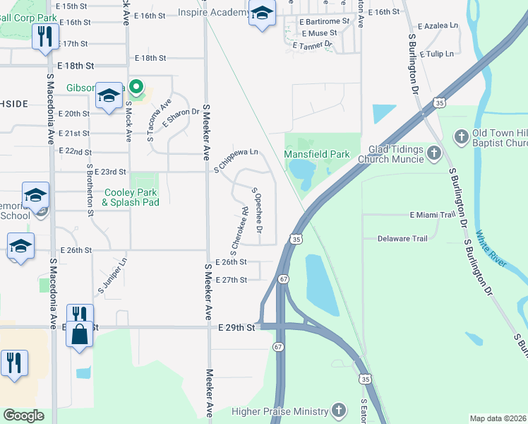 map of restaurants, bars, coffee shops, grocery stores, and more near 3120 South Opechee Drive in Muncie