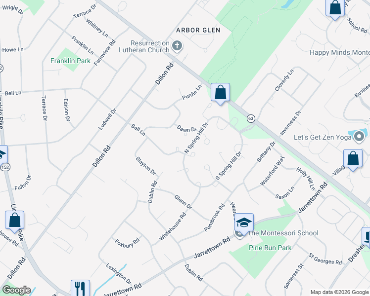 map of restaurants, bars, coffee shops, grocery stores, and more near 1398 Bell Lane in Maple Glen