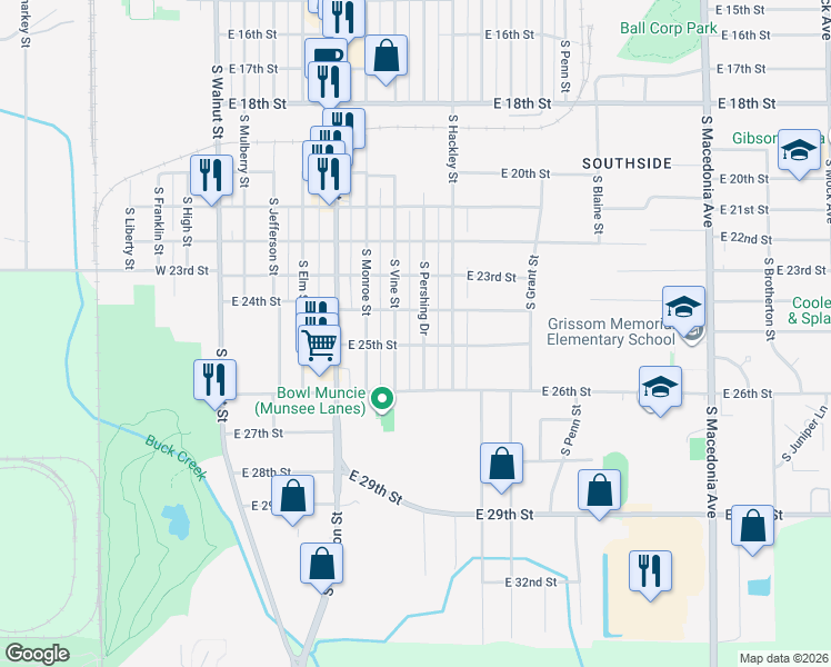 map of restaurants, bars, coffee shops, grocery stores, and more near 3113 S Pershing Dr in Muncie