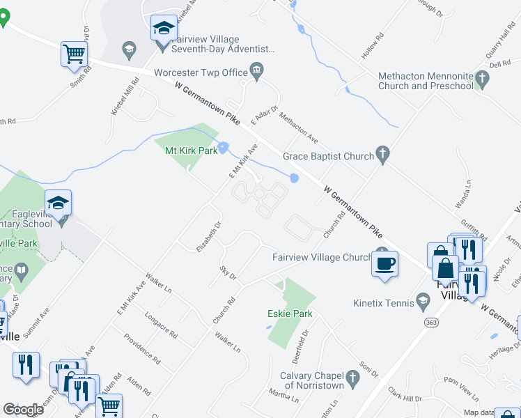 map of restaurants, bars, coffee shops, grocery stores, and more near 6 Hampton Court in Norristown