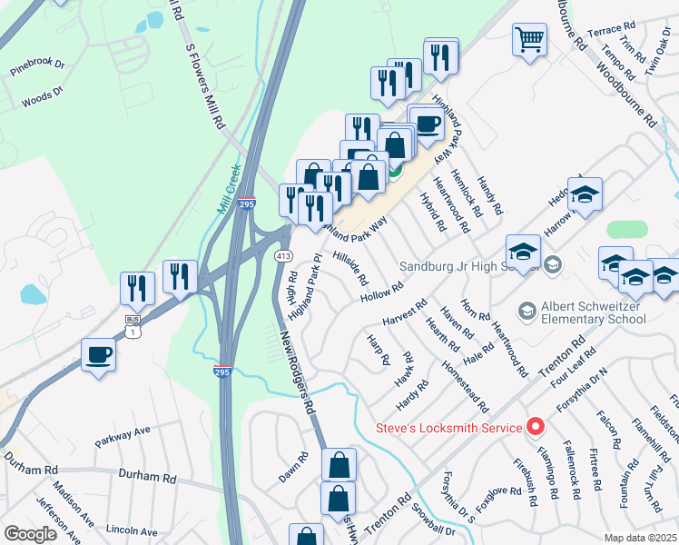map of restaurants, bars, coffee shops, grocery stores, and more near 16 Harbor Road in Levittown