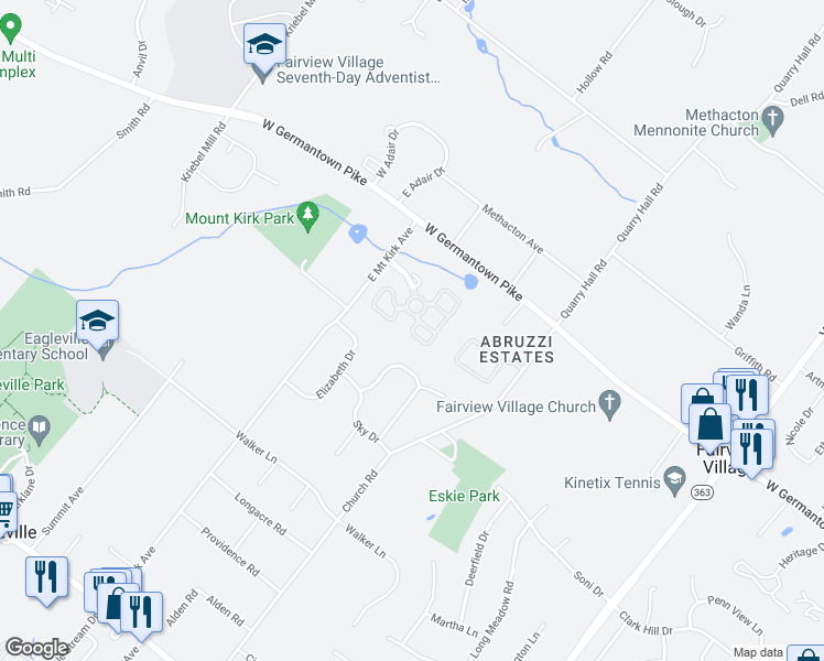 map of restaurants, bars, coffee shops, grocery stores, and more near 11 Hampton Court in Norristown