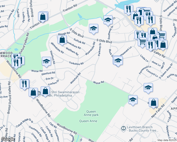 map of restaurants, bars, coffee shops, grocery stores, and more near 205 Parkway Circle in Fairless Hills