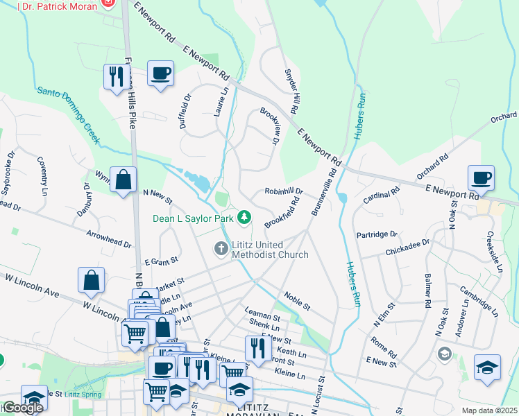 map of restaurants, bars, coffee shops, grocery stores, and more near 37 Laurie Lane in Lititz