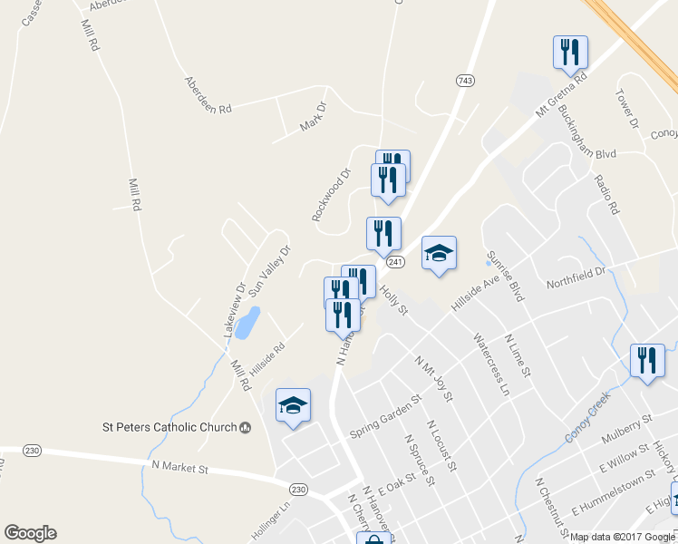 map of restaurants, bars, coffee shops, grocery stores, and more near 452 Indian Rock Circle in Elizabethtown