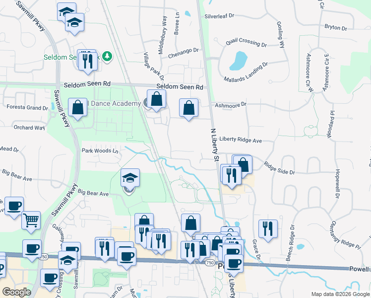 map of restaurants, bars, coffee shops, grocery stores, and more near 187 Penny Lane in Powell
