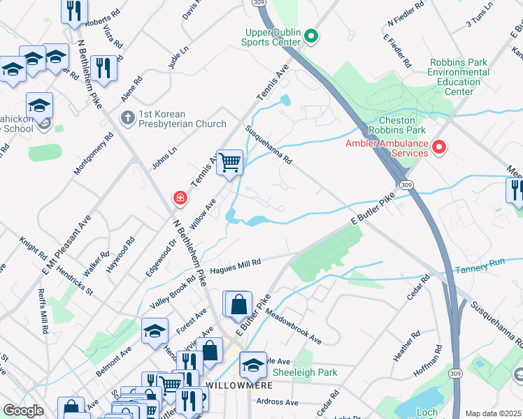 map of restaurants, bars, coffee shops, grocery stores, and more near 1700 Clair Martin Place in Ambler