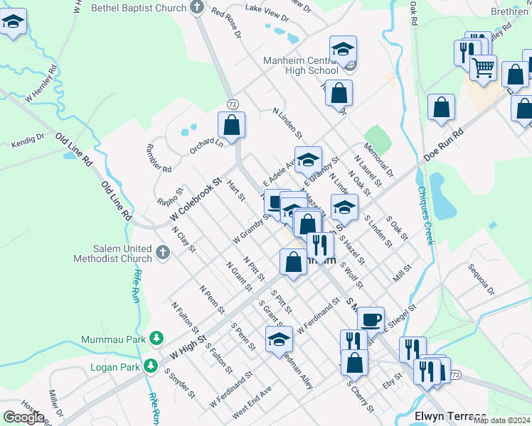map of restaurants, bars, coffee shops, grocery stores, and more near 12 West Gramby Street in Manheim