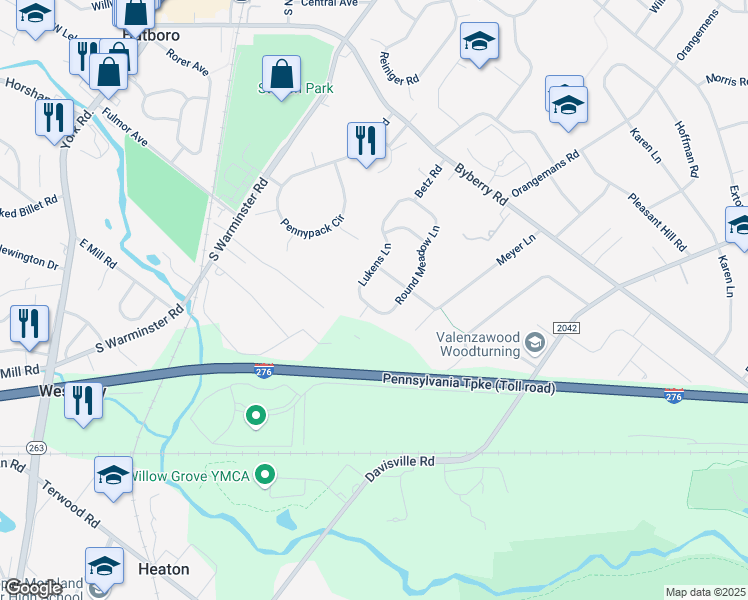 map of restaurants, bars, coffee shops, grocery stores, and more near 3605 Lukens Lane in Hatboro