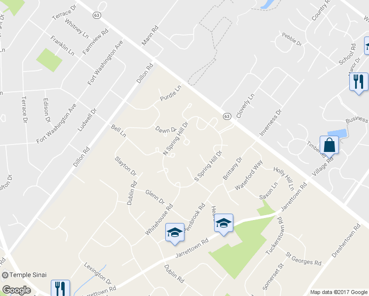 map of restaurants, bars, coffee shops, grocery stores, and more near 1417 Patrick Court in Maple Glen