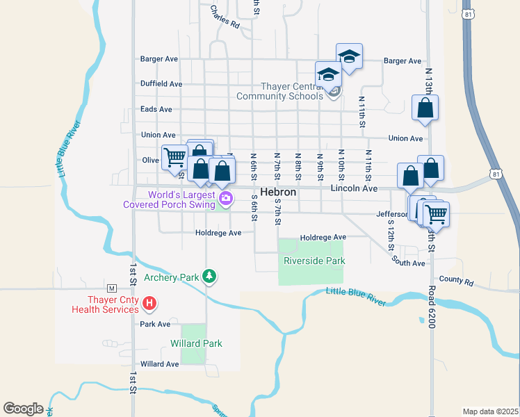 map of restaurants, bars, coffee shops, grocery stores, and more near 610 Jefferson Avenue in Hebron