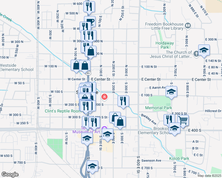 map of restaurants, bars, coffee shops, grocery stores, and more near 90 South 200 East in Springville