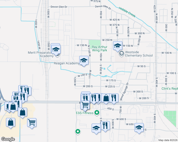 map of restaurants, bars, coffee shops, grocery stores, and more near 92 South 1100 West in Springville