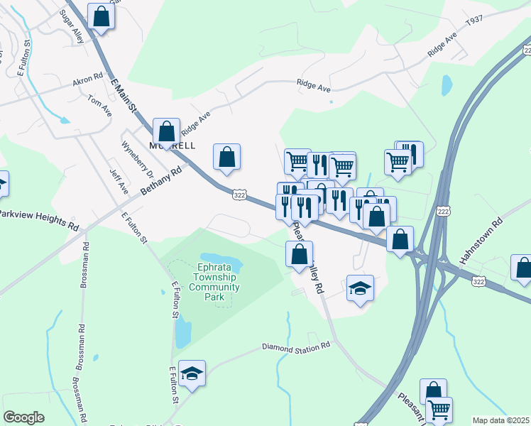 map of restaurants, bars, coffee shops, grocery stores, and more near 795 East Main Street in Ephrata