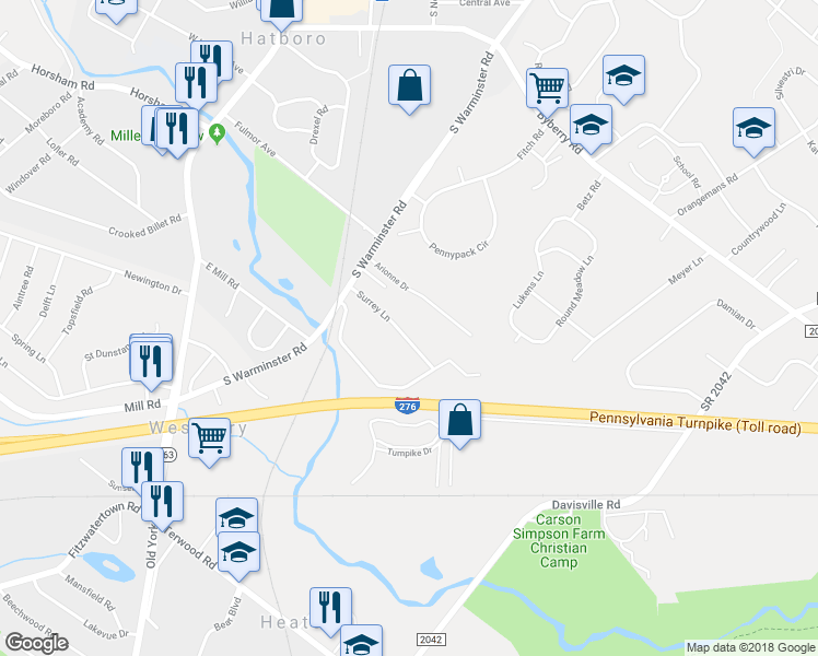 map of restaurants, bars, coffee shops, grocery stores, and more near 321 Surrey Lane in Hatboro