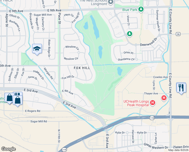 map of restaurants, bars, coffee shops, grocery stores, and more near 1244 Foxhill Drive in Longmont