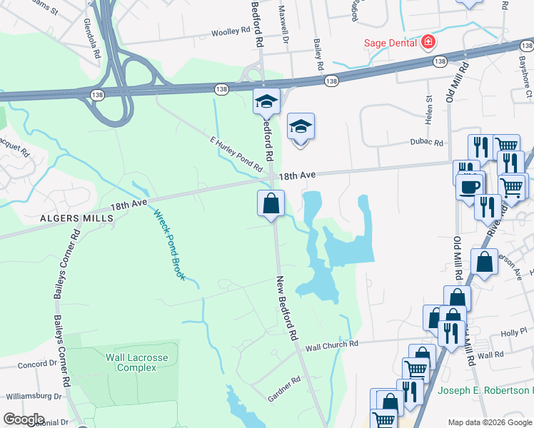 map of restaurants, bars, coffee shops, grocery stores, and more near 1819 New Bedford Road in Monmouth County
