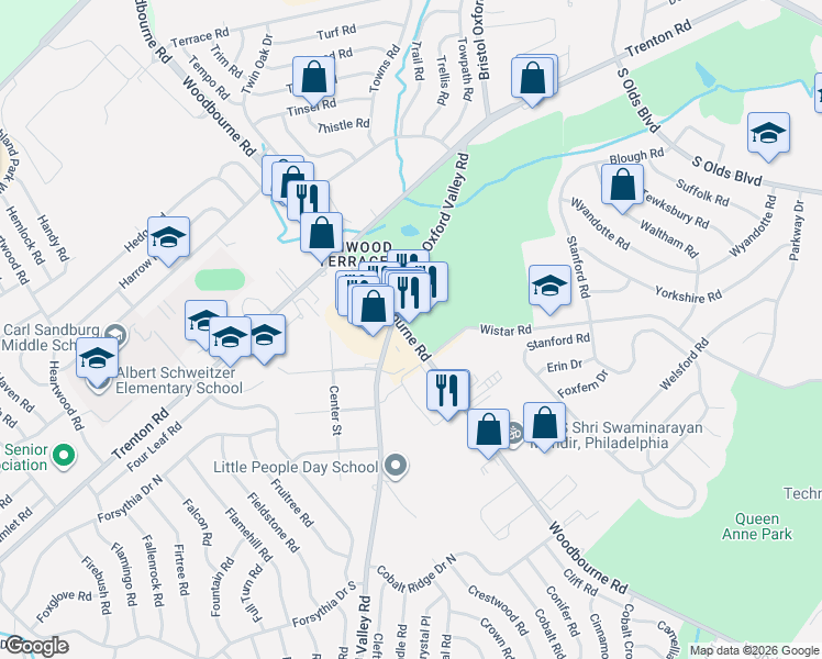map of restaurants, bars, coffee shops, grocery stores, and more near 1265A Woodbourne Road in Levittown