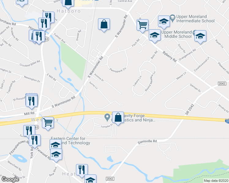 map of restaurants, bars, coffee shops, grocery stores, and more near 328 Arionne Drive in Hatboro