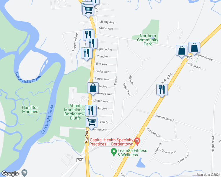 map of restaurants, bars, coffee shops, grocery stores, and more near 18 Maple Avenue in Fieldsboro