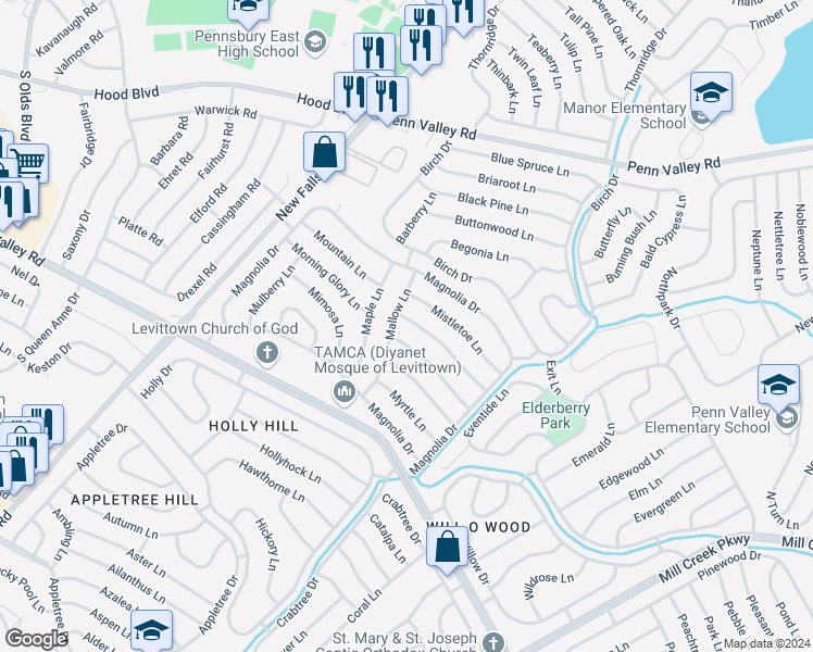 map of restaurants, bars, coffee shops, grocery stores, and more near 53 Meadow Lane in Levittown