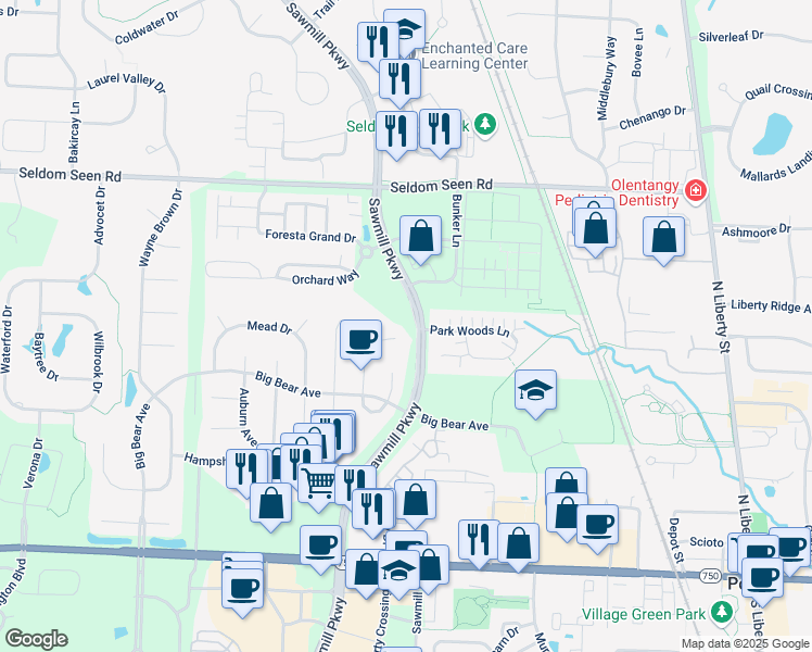 map of restaurants, bars, coffee shops, grocery stores, and more near 9194 Marlebury End in Powell