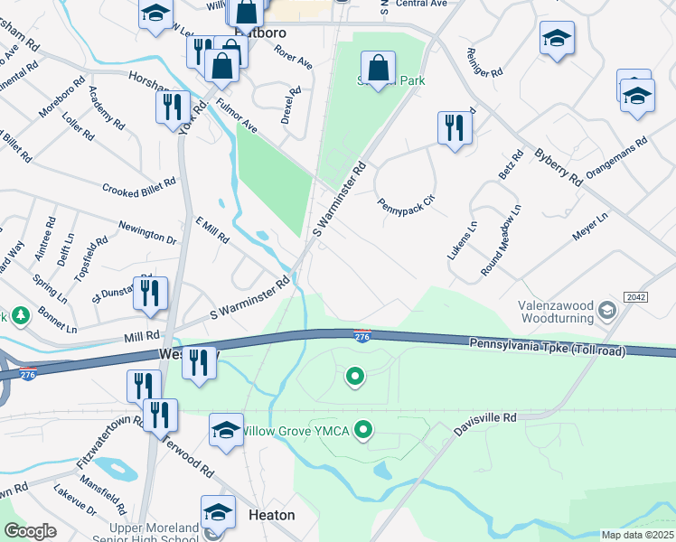 map of restaurants, bars, coffee shops, grocery stores, and more near 310 Surrey Lane in Hatboro