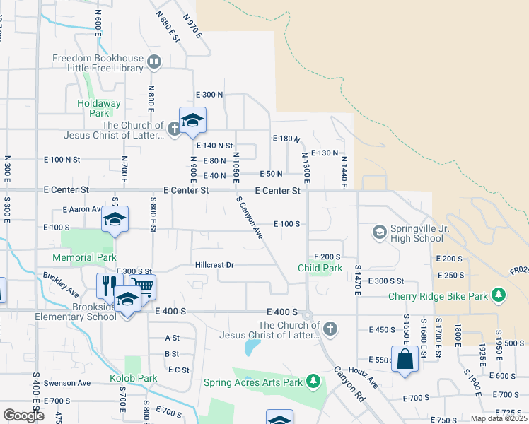 map of restaurants, bars, coffee shops, grocery stores, and more near 1161 East 100 North in Springville